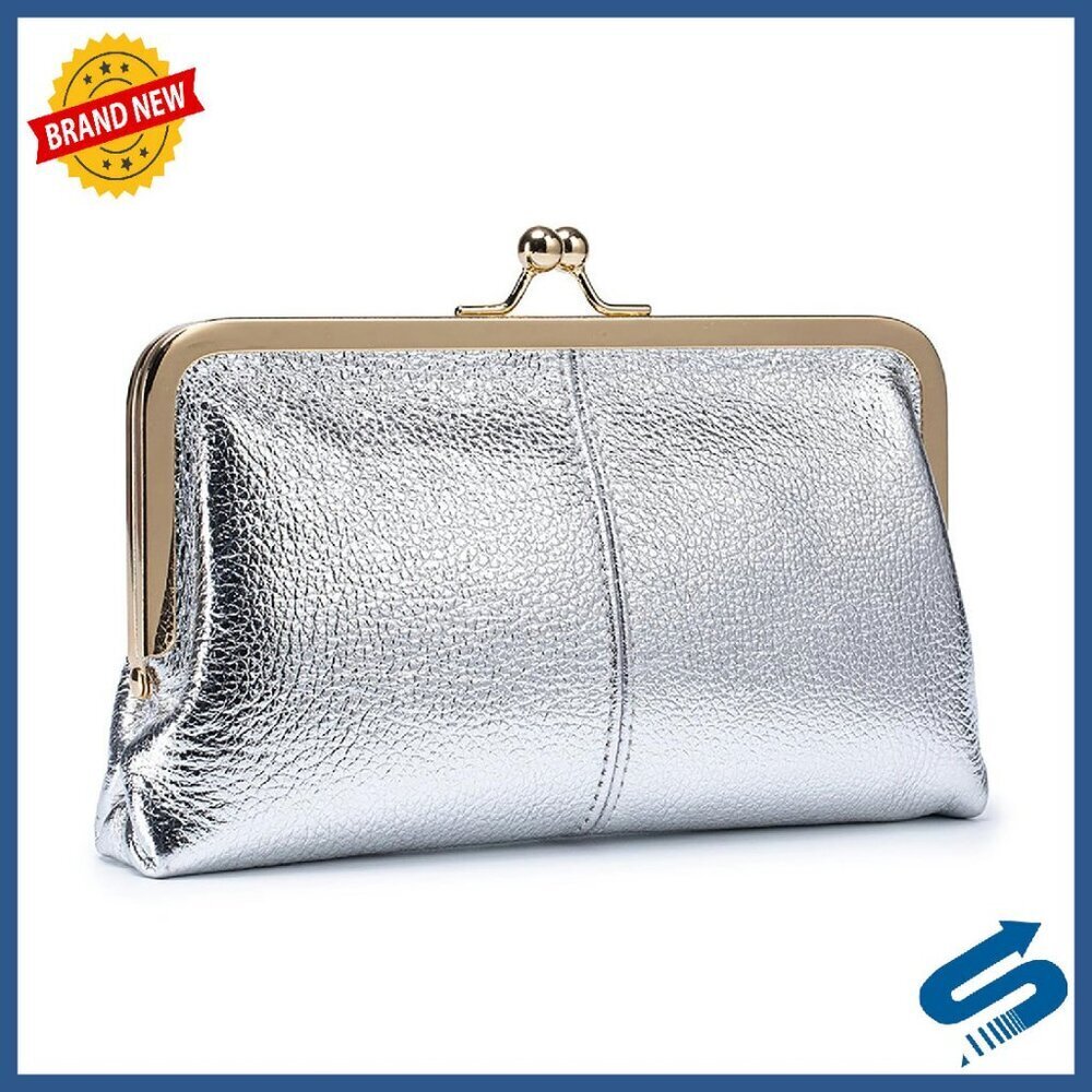 Genuine Leather Kiss Lock Wallet with 8 Card Slots & Zipper Pocket
